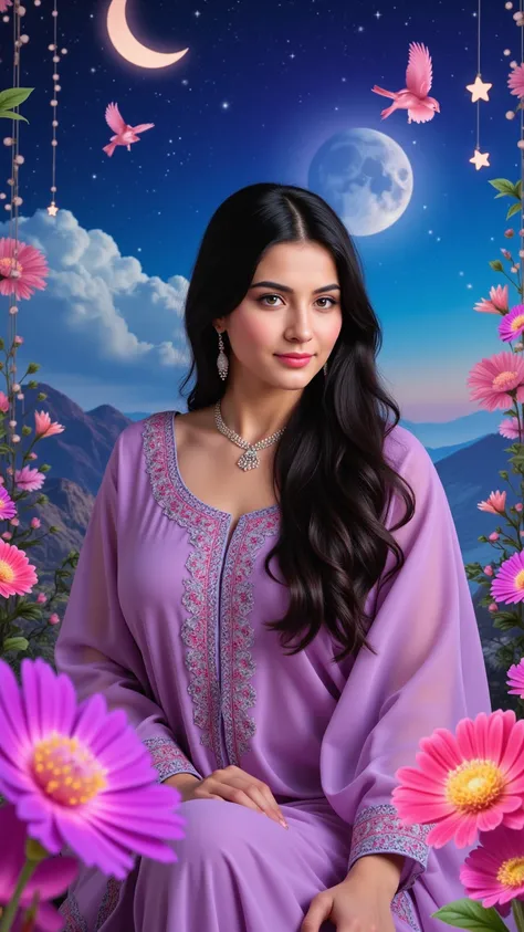 Create a dreamy, hyper-realistic UHD 8k image of an Arabian woman with brunette Iraqi skin. She should be depicted in a surreal dreamland filled with stars and birds, wearing exquisite traditional clothing that is modest and fully covering. The scene shoul...