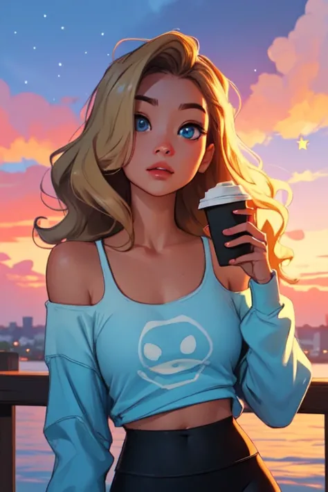 (masterpiece:1.2),(best quality:1.2), perfect eyes, perfect face, volumetric lighting,1girl, solo. Zoomer, a very pretty woman with wavy hair, blonde hair, and blue eyes. Shes wearing a blue off-shoulder t-shirt with long sleeves, a white star (symbol) in ...