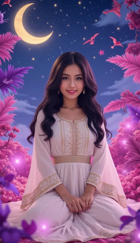 Create a dreamy, hyper-realistic UHD 8k image of an Arabian woman with brunette Iraqi skin. She should be depicted in a surreal dreamland filled with stars and birds, wearing exquisite traditional clothing that is modest and fully covering. The scene shoul...