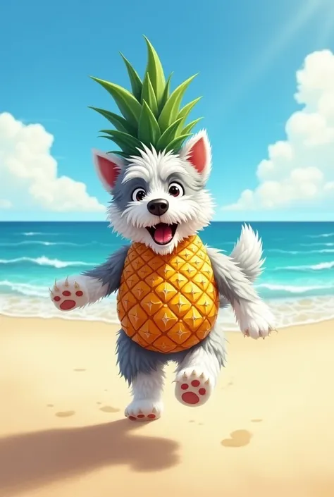  a Pineapple drawing , Running on the beach smiling,  a hairy white and gray dog next door on a sunny day with blue sky and white clouds, With my face   