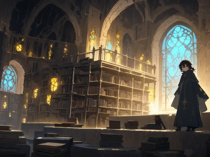 "Anime-style illustration of a young protagonist with messy dark hair and bright, curious eyes standing in an ancient, abandoned library. The room is dimly lit, filled with towering bookshelves covered in cobwebs and dust. Beams of golden light filter thro...