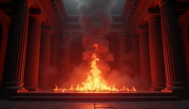 stage ,Inside the dark, hall, there are Greek columns., red & black, Flame, hell, hell, background