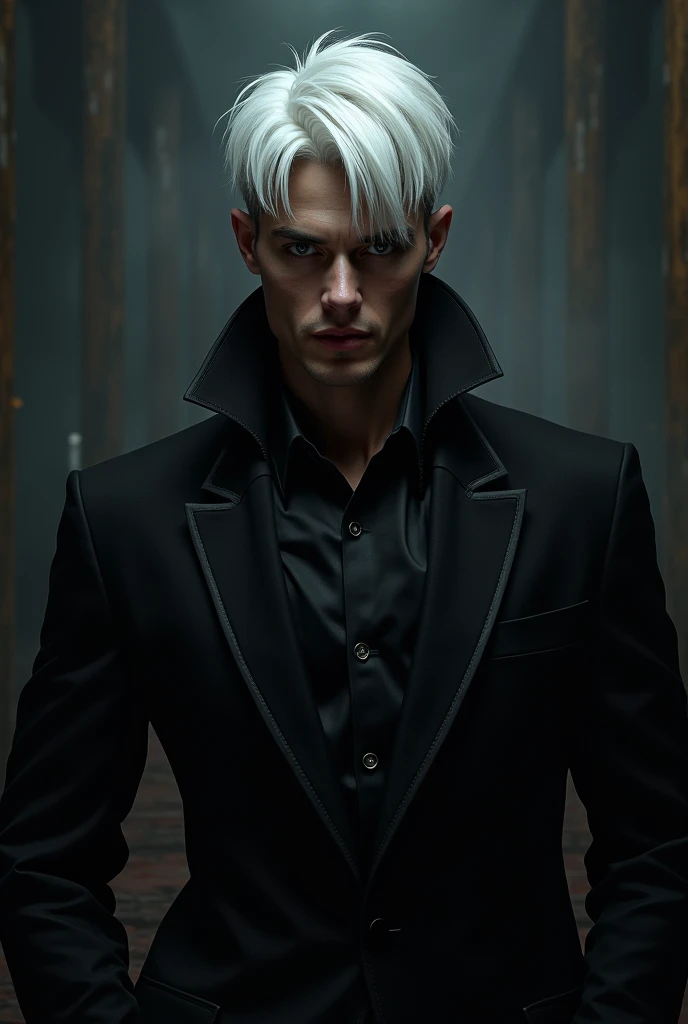  A male character, With a black outfit,  with white hair,  with a penetrating look 