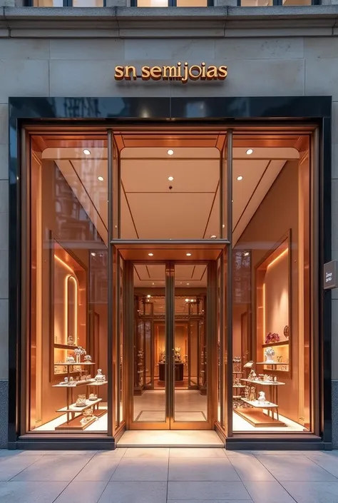 A nude rose gold-themed store front with the name NS SEMI JOIAS