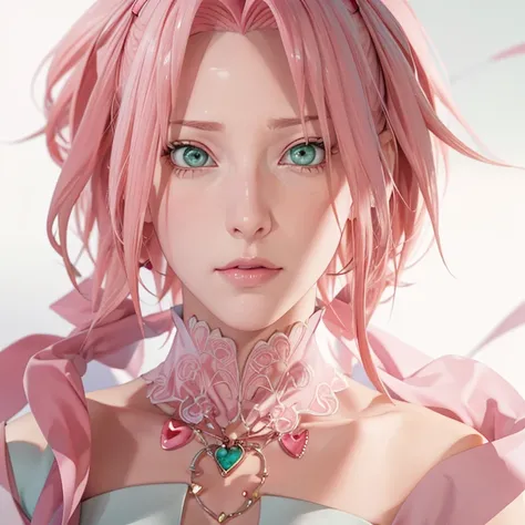 young woman, pale skin, short bubblegum pink hair, wide forehead, emerald green eyes, buttoned nose, peach lips, heart-shaped face, slender, red clothes, Sakura Haruno, 3d, realism, angelic face, maya in net
