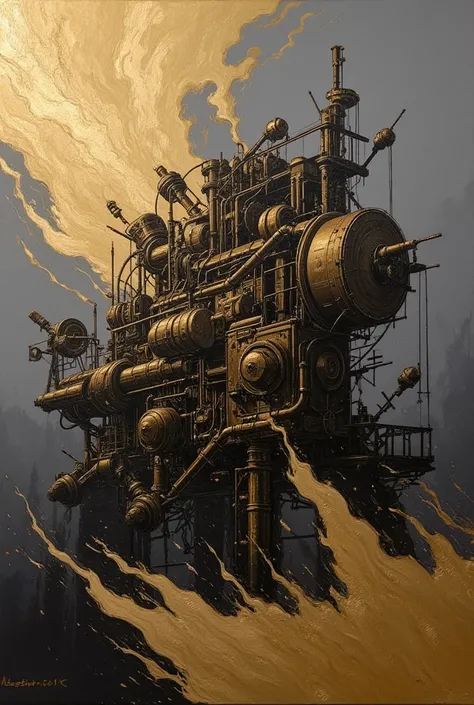 masterpiece, two-color style, only use two-color abstract painting in bronze and charcoal gray, steampunk, massive intricate machine with fine gears and pipes, emitting bright sparks and billowing steam, metallic textures, soft light reflections on the mac...