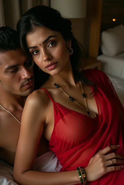 trisha is having sex, in a dimly light setting A naughty and curvaceous light neutral skin tone woman in transparent red sheer sari, ((woman face = character reference)) no blouse, no bra, bare breast and intricate jewelry glass green bangles and a red sma...