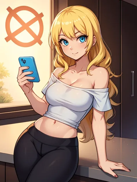 score_9, source_cartoon, 1girl, solo, Zoomer woman, a very beautiful woman, wavy hair, blonde hair, blue eyes. Shes wearing a white off-shoulder t-shirt with a pink lighting bolt (symbol) in the middle of the shirt, and Lululemon-branded black leggings. Sh...