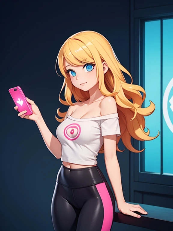 score_9, source_cartoon, 1girl, solo, Zoomer woman, a very beautiful woman, wavy hair, blonde hair, blue eyes. Shes wearing a white off-shoulder t-shirt with a pink lighting bolt (symbol) in the middle of the shirt, and Lululemon-branded black leggings. Sh...