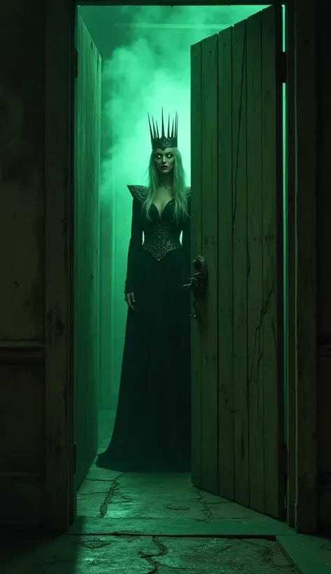 A chilling depiction of a 20-year-old evil queen standing at a distance, partially obscured by a slightly ajar, weathered wooden door. The queen’s glowing, piercing seagreen eyes and jagged silver crown are clearly visible even from afar, exuding a siniste...