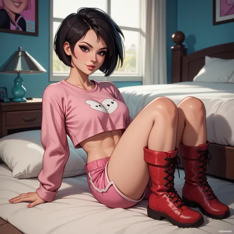 Amy wong from futurama, she has light-tan skin color, black eyes, short bob cut, black hair, short crop top long sleeve pink shirt, pink shorts, red boots, bedroom, looking at me, sexy pose, cozy atmosphere, dropped shadow, nostalgic feeling, futuristic