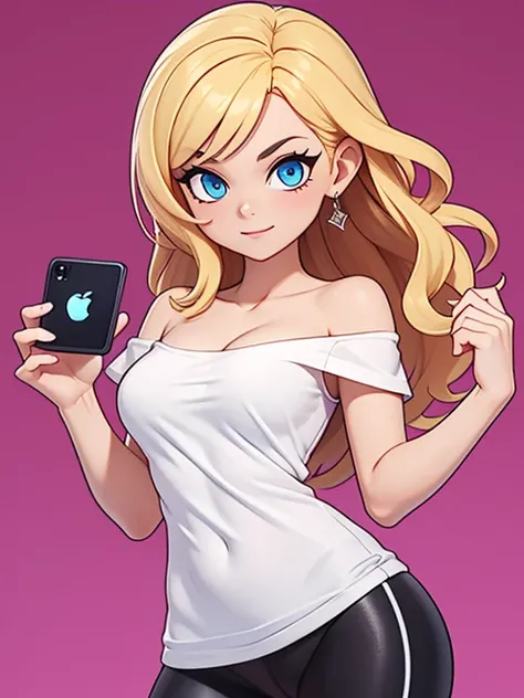 score_9, source_cartoon, 1girl, solo, Zoomer woman, a very beautiful woman, wavy hair, blonde hair, blue eyes. Shes wearing a white off-shoulder t-shirt with a pink lighting bolt (symbol) in the middle of the shirt, and Lululemon-branded black leggings. Sh...