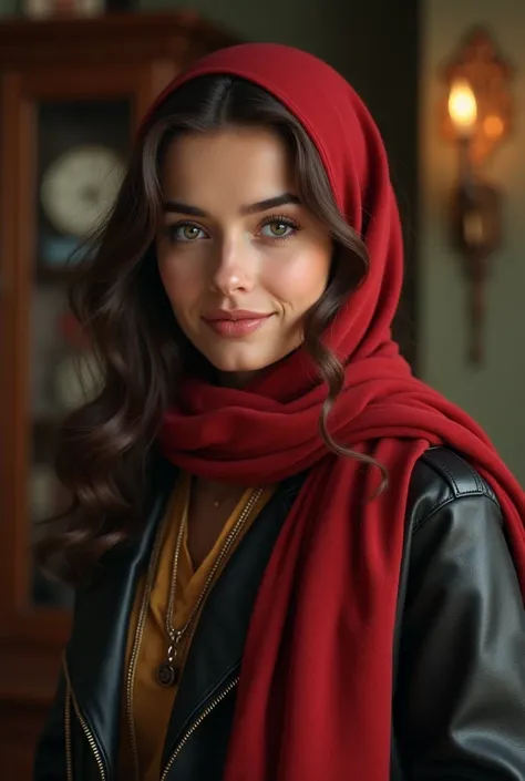 Medium view, of 24 year old, face portrait, jewish features, long hair, brown hair, wearing hijab red, leather jacket over 1940s clothing, in cozy 1940s home.