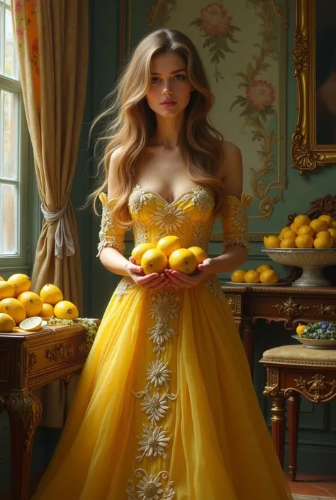  A beautiful Russian girl with long hair in a luxurious dress, buys lemons 