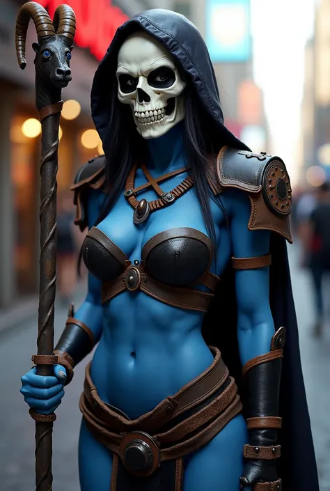 Sexy, Female (Skeletor) Cosplay from Masters of the Universe, (White Bone Skull for Head), (Blue Skin), Round Feminine Figure, Muscular, Breasts Covered with a Criss-Cross Leather Shoulder and Chest Guards, Hood, Cloak, outside The Entrance to a convention...