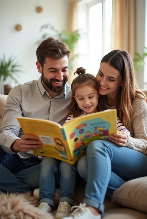 "A warm scene in a bright, modern living room with a father and mother sitting on a sofa with their young , aged 4-6, holding the book Learn to Read with One Book. The  is showing the book to the camera while both parents look on proudly, smiling. The book...