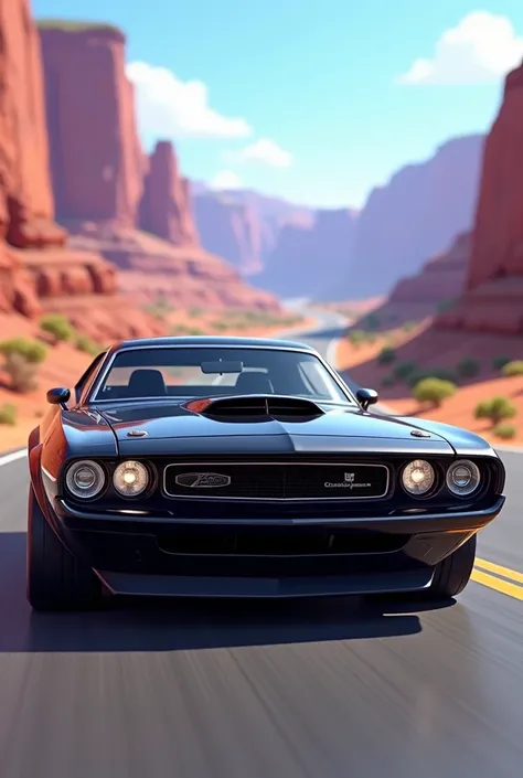 A Dodge Challenger as if it were from the movie Cars 