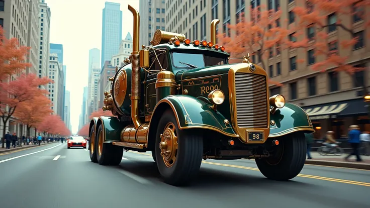 A masterpiece photo of a steampunk Tesla Truck, cruising in the city on a beautiful spring day