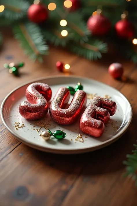  Make me plate of letters that say Sue for medium spheres of diameter 8, Let them be Christmas-themed 