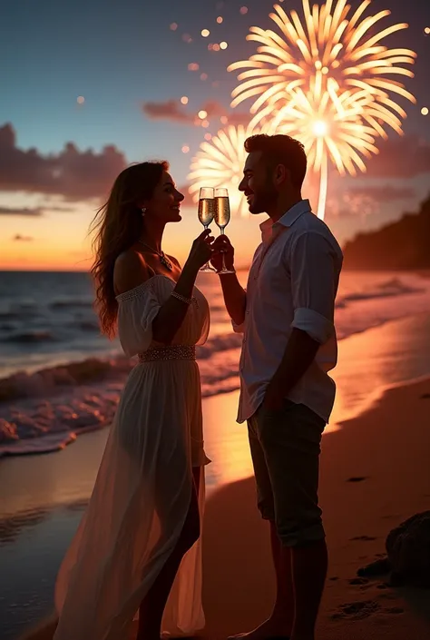 foco nas unhas A stylish woman with a boho vibe celebrates the New Year on the beach , DRESSED IN WHITE,  with glitter nails that shine in the moonlight and fireworks in the background. Next to her husband, She toasts with a glass of champagne ,  in an int...