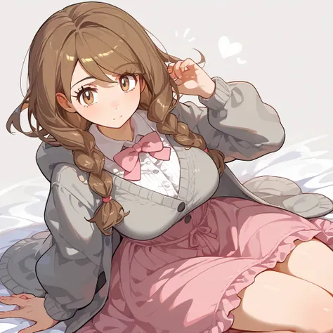 (8k,  top quality,   Masterpiece :1.3), pose, 1 girl,  very beautiful face  , random expression ,ＪＫ_ style for stilets ,(Age 19),Big Breasts, (pokemon), brown hair, brown eyes, grey cardigan, hooded cardigan, cable knit, pink dress, green socks, long sleev...