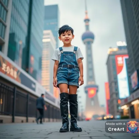   Chinese Boy ，Faux Leather ， Wearing White Short Sleeve T-Shirt ， Blue Denim Worker Shorts（Pantless Chain ）， Black Knee Leather Boots ， Active On Shanghai Beach 