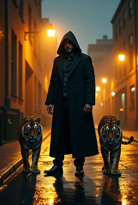 Create an image like this
Scene and composition:
Main character: A man standing in the middle of the scene wearing a long black coat, with a hood that hides most of his facial features. There are two tigers standing on the ground on either side of the pers...