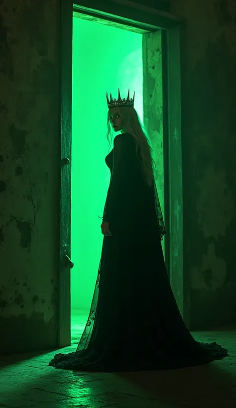 A haunting depiction of a 20-year-old evil queen standing at a distance, partially visible through a slightly ajar, weathered wooden door. The queen’s sharp, natural eyes gleam faintly in the dim light, and her jagged silver crown glints ominously, adding ...