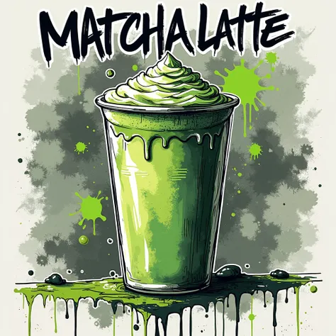 "A grunge street-art-style poster of a matcha latte. A tall, abstractly sketched cup filled with vibrant green matcha is depicted with bold brushstrokes and splatters of lime green paint. The foamy top is hinted at with chaotic, soft white streaks. The bac...