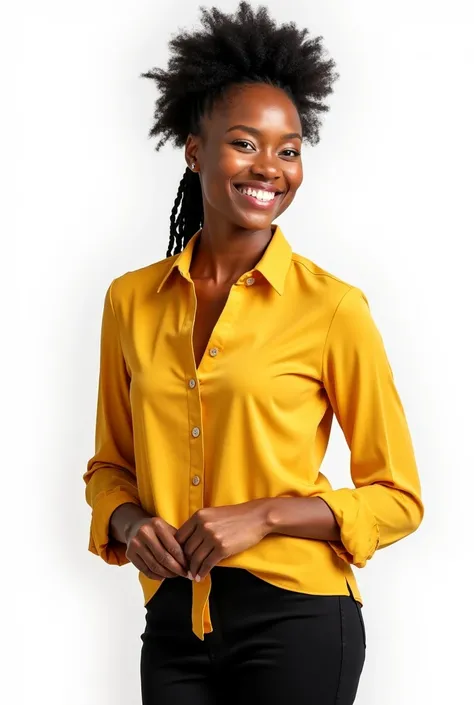 A 35-year-old Afro-American woman with a stylish and professional appearance, wearing a fitted mustard-yellow blouse with rolled-up sleeves and slim black pants. Her hairstyle is a natural afro or neatly styled braids pulled back, and she has a warm, confi...