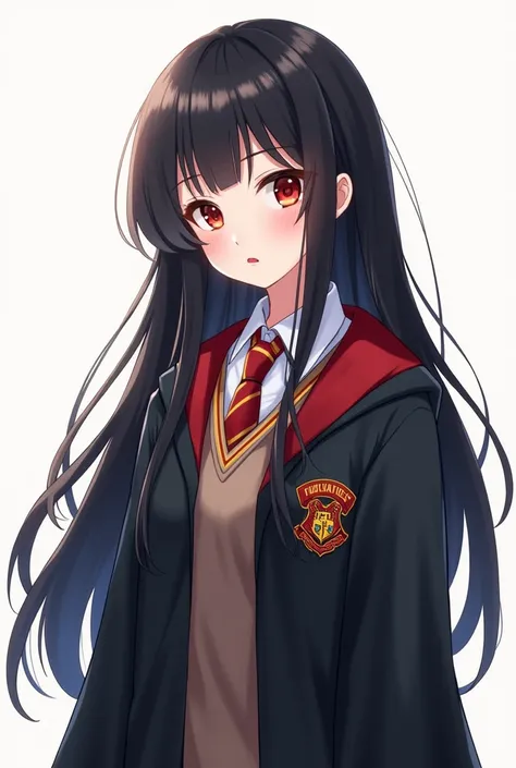 Image of a girl in Hogwarts school of magic dress she has black hair color white skin color and red lips half body type of the anime image with white background