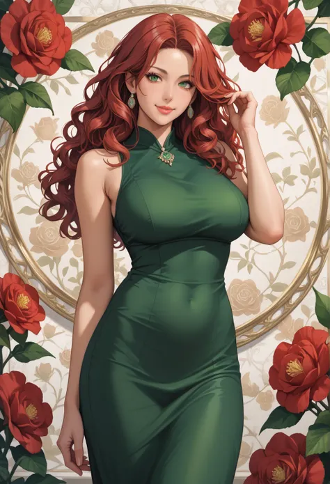 an older woman, detailed background, every detail is rendered in superb detail, perfect composition, masterpiece, best quality, 8k, ultra-detailed, anime, correct anatomy, red hair, wavy hair, green eyes, modern dress, detailed face, correct eye anatomy , ...