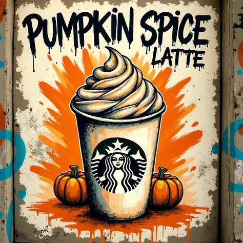 "A grunge street-art-style poster of a pumpkin spice latte. A rough, hand-drawn coffee cup is topped with whipped cream and sprinkled with bold, abstract splashes of orange and white paint. The background is a gritty mix of graffiti tags, concrete wall tex...