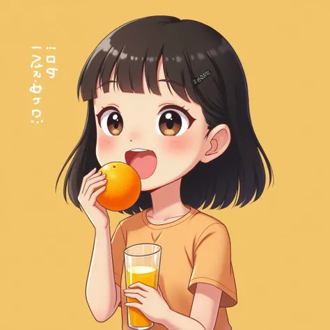 there a girl that are eating orange and another hand holding glass of orange juice, lulu chen, harumi, awwwww, she is smiling and excited, profile photo, yan, xintong chen, ren, young asian girl, very very low quality picture, little , chihoHD, (best detai...