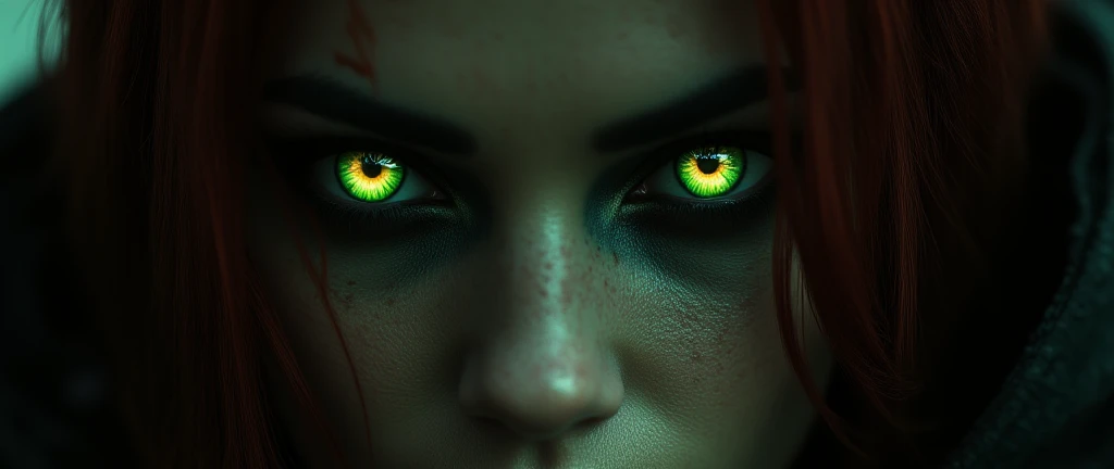 sci-fi, horror, extremaly close up on womans eyes, highly detailed eyes, green eyes, black eyebrows, dark natural eye makeup, visible pupils, 8k, masterpiece, photo-realistic,film grain, fire in the eyes , dark red hair, ecu, byz, dark cinematic light and ...