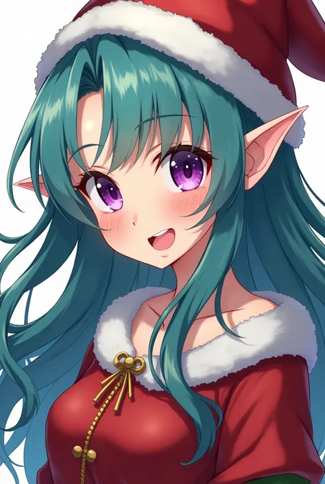 anime style,adult woman, with long blue-green hair and with tufts in her forehead, Elf ears, with bright purple eyes,She is disguised as a Santa Claus leprechaun , 