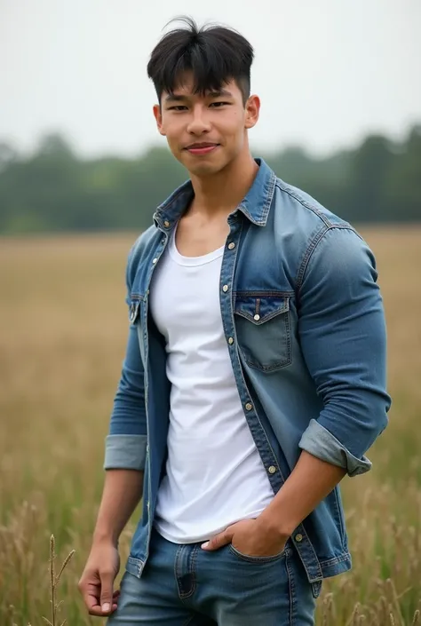  Korean Man Wearing White T-Shirt, Denim Shirt  , (((Big arm muscles,  tight breasts ,  Muscle Bundle, ))), ((( Jeans . จ้องLook at the cameraพร้อมรอยยิ้มบางๆ))), (((Men with short hair))), (((, big muscles, big torso))), (((Seductive fit body ))), ((Short...