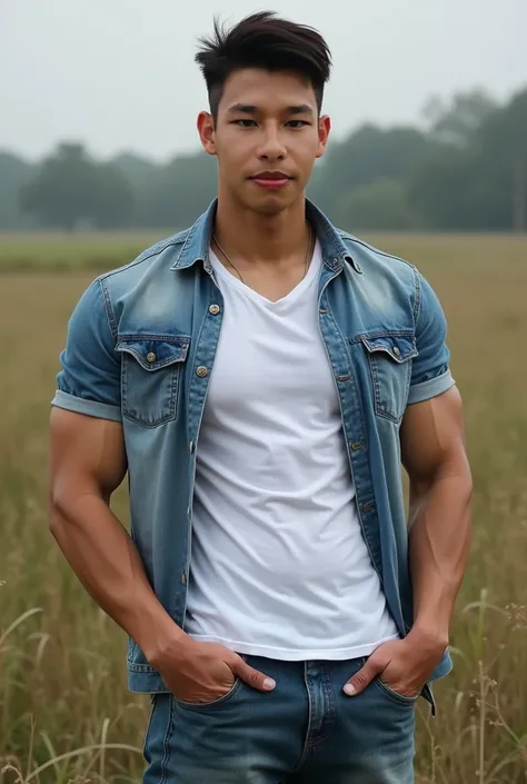  Korean Man Wearing White T-Shirt, Denim Shirt  , (((Big arm muscles,  tight breasts ,  Muscle Bundle, ))), ((( Jeans . จ้องLook at the cameraพร้อมรอยยิ้มบางๆ))), (((Men with short hair))), (((, big muscles, big torso))), (((Seductive fit body ))), ((Short...