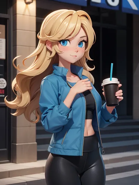 score_9, source_cartoon, 1girl, solo, Zoomer woman, a very beautiful woman, wavy hair, blonde hair, blue eyes. Shes wearing a blue jacket, gray crop-top and Lululemon-branded black leggings. Shes holding an I-Phone in her right hand and a Frappe cup in her...