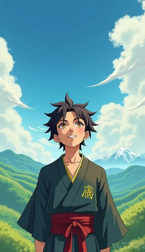 Tanjiro kamado smiling and looking in the sky
