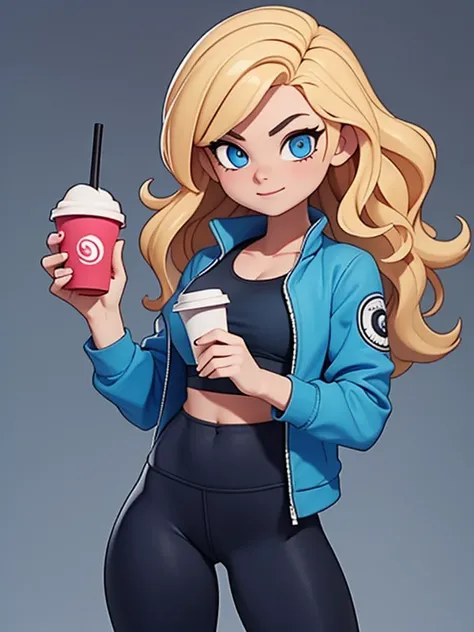 score_9, source_cartoon, 1girl, solo, Zoomer woman, a very beautiful woman, wavy hair, blonde hair, blue eyes. Shes wearing a blue jacket, gray crop-top and Lululemon-branded black leggings. Shes holding an I-Phone in her right hand and a Frappe cup in her...