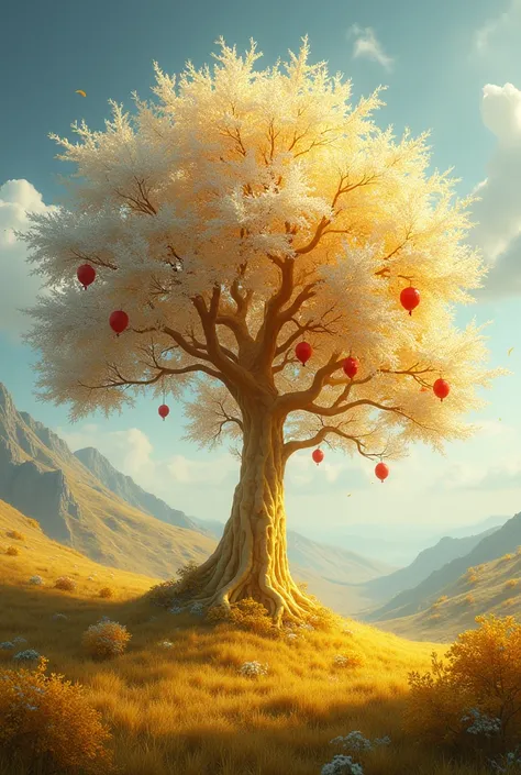  generate a landscape illustration for me , composite art style . Imagine in the middle of a meadow a lush and beautiful tree,  its bark was pure gold ,  leaves of a beautiful white color frosted in gold and the color of its fruits blood red.
