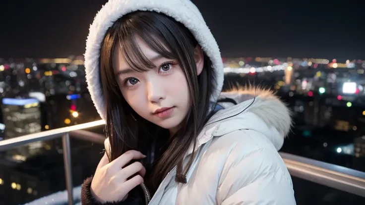 winter, observation deck on skycraper of Tokyo, in the night, look down gorgeous cityscape, dressed in fluffy warm winter fashion, neat fashion, clean appearance, tilt head forward, fidgeting, expression of heart is pounding with tension, blushing, short l...