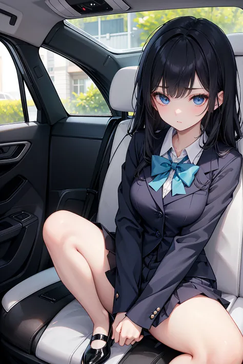 High school students ， already, Black Hair ， With warm blue eyes ， Wore a brand new blue suit and black heels ， Pure white collar and bright green bow 。 has long Black Hair and warm blue eyes ， Lean back in the car seat ， Pose Alluring , spread legs , lowe...