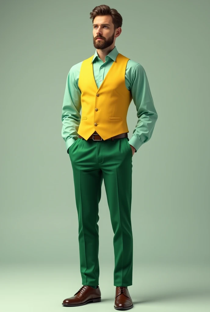 Strong green pants , formal mint green shirt and yellow sleeveless vest, that is a man,  full body