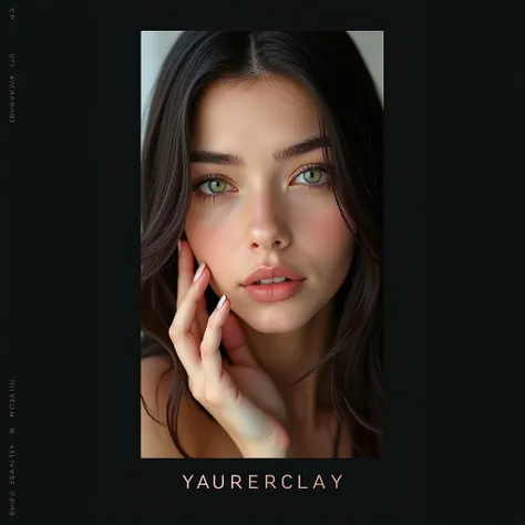 create an image of a young American woman with long, straight black hair, thin green almond-shaped eyes, arched and beautiful eyebrows, with a soap brow effect, a thin and square upturned nose, a rectangular and delicate face, voluminous lips with a delica...