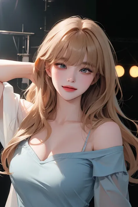 upper body, ((dance on stage)),(best quality, ((masterpiece)), 8K resolution, Semi-realistic, cinematic lighting, beautiful detailed eyes), smile, cute,1 woman,korean,((Blunt bangs)), ,long hair, (Khaki hair),25-year-old ,off the shoulder, A woman wearing ...