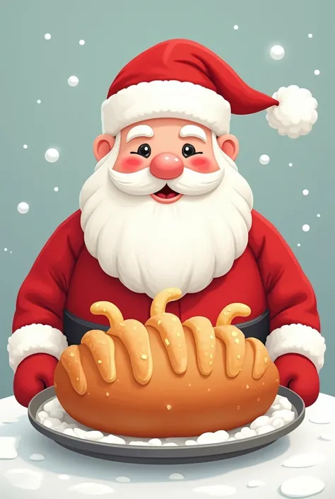 Santa Claus with an oval Christmas bread with ears on a vector tray for logo 