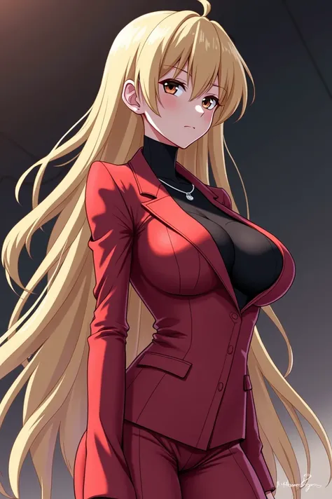  Woman with long blond hair and big breasts wearing a red suit anime version