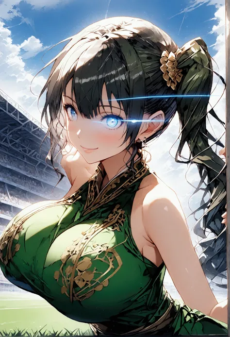 ((( Satono Crown 1   )))、(((  black hair)))、(((  side ponytail )))、((( GREEN SATONO CROWN OUTFIT )))、(((  heads&#39;ear)))、   headss Tail、(((   Glowing Eye Trail    )))、(((smile)))、(((blue sky)))、(((Turf)))、(((Racecourse)))「  top quality、  masterpiece 、 Il...